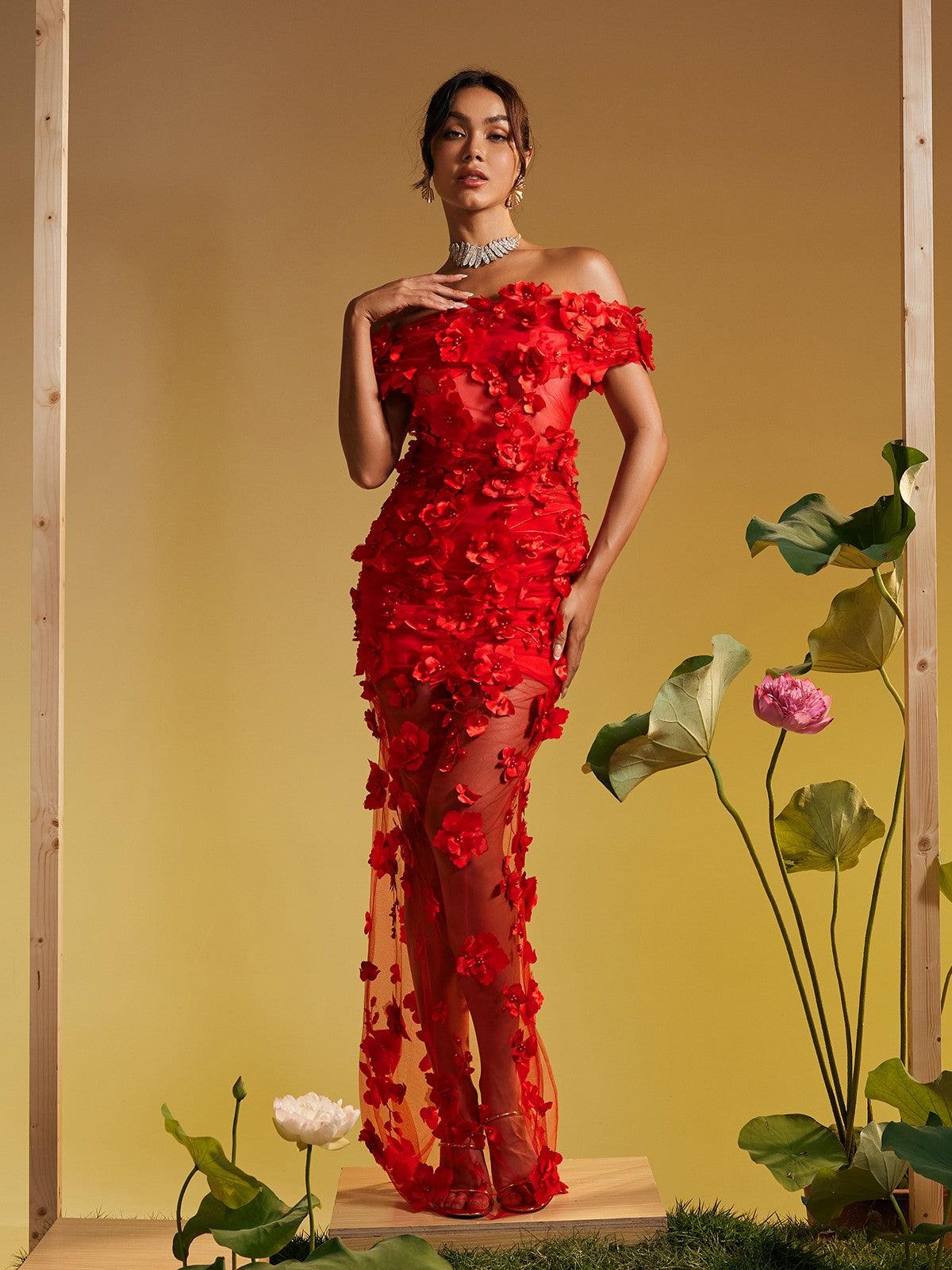 The Elegance of the Azizi Off Shoulder Flower Mesh Maxi Dress