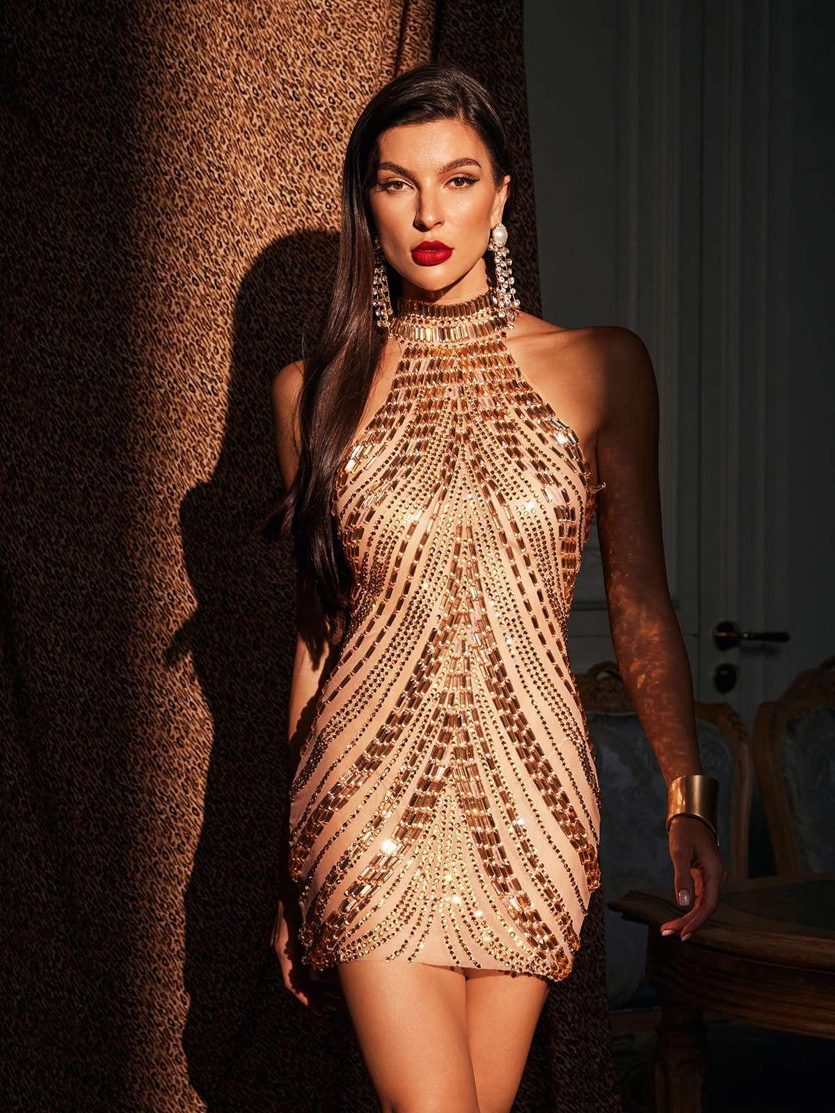 The Ultimate Statement Piece: Fella Halterneck Rhinestone Mini Dress