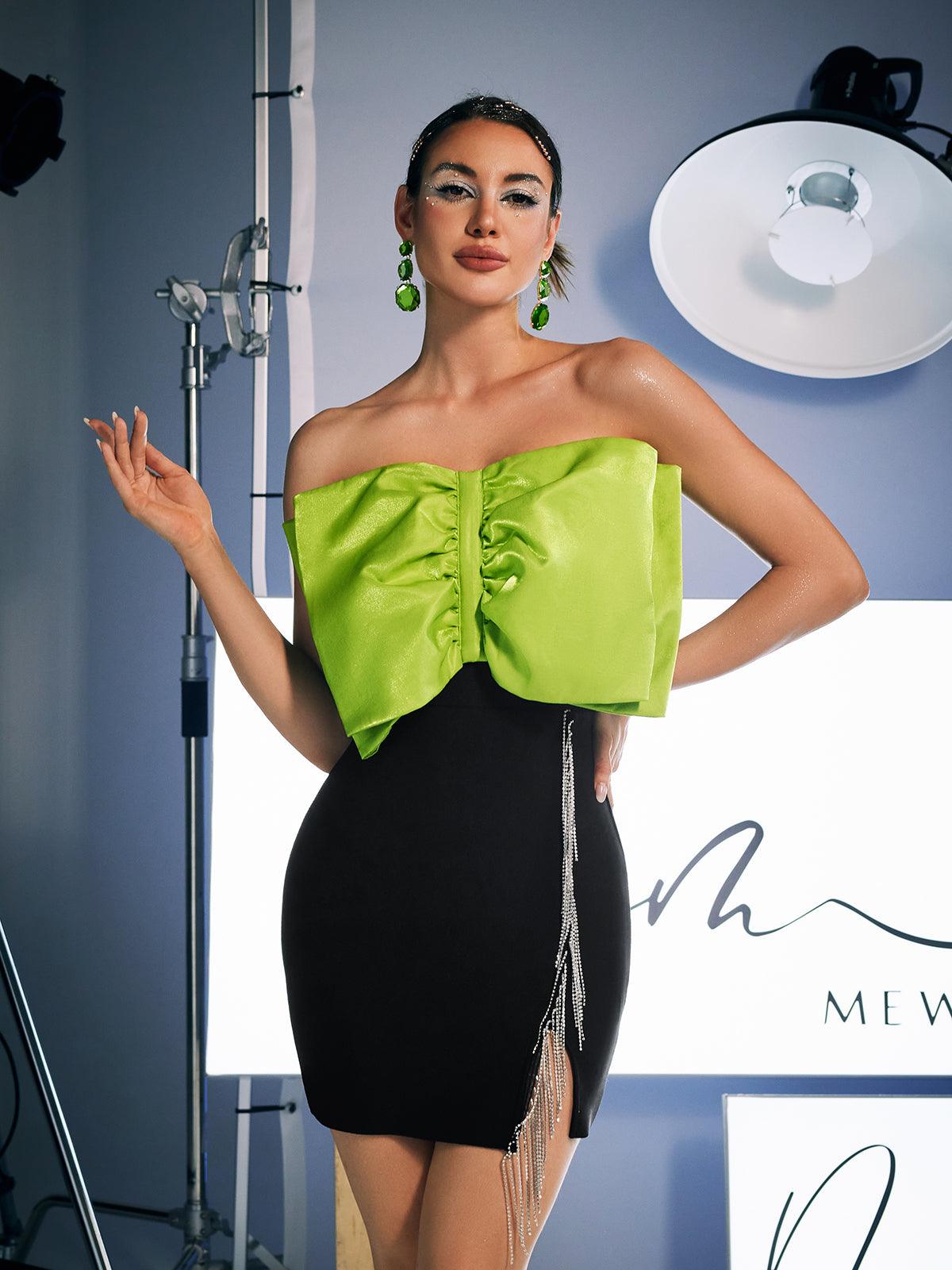 Discover: Idony Strapless Bow Crystal Fringe Mini Dress