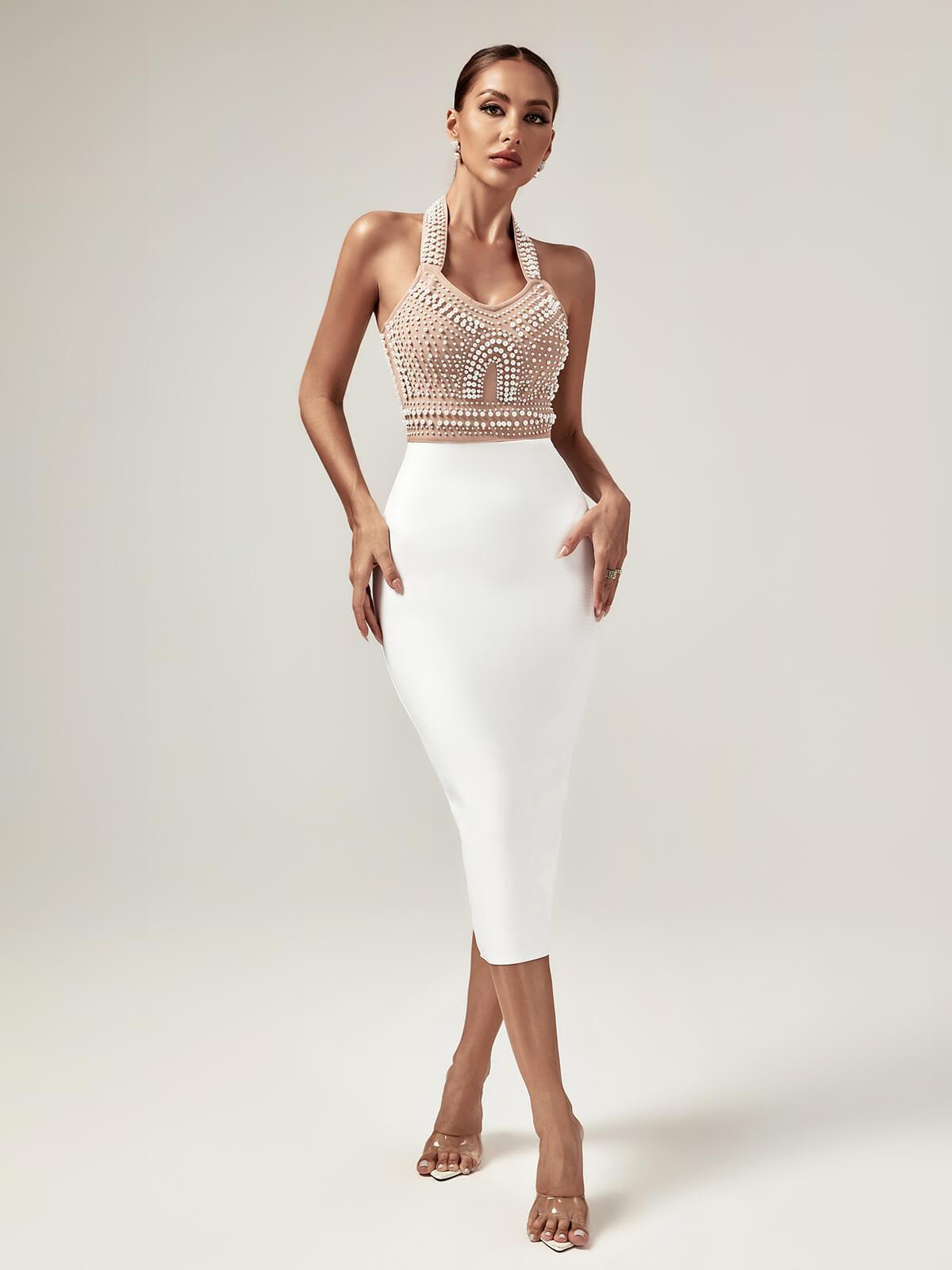 Discover: Isabella Halterneck Pearls Bandage Dress In Beige