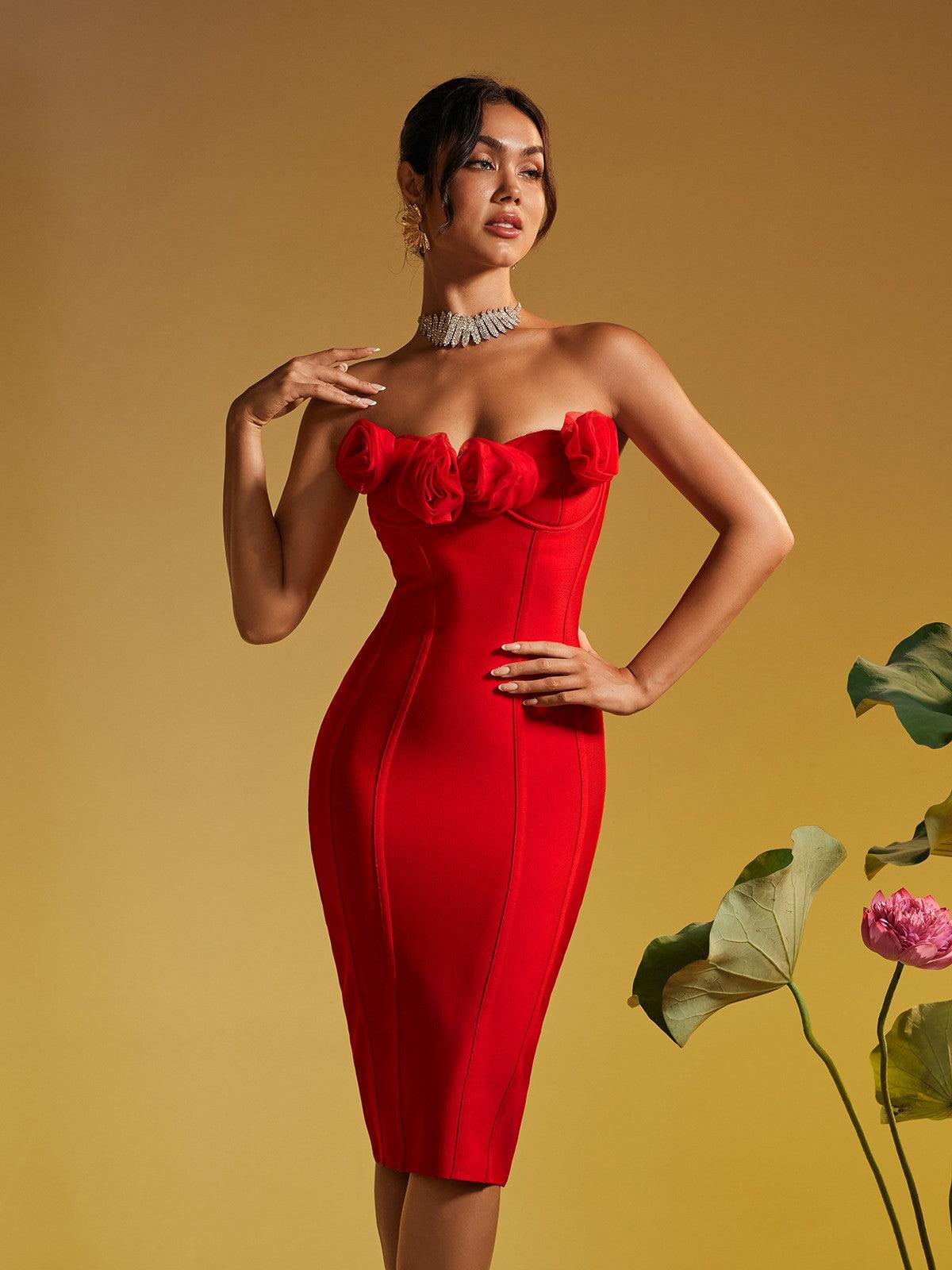 Elevate Your Summer Wardrobe with the Adlai Strapless Flower Bandage Midi Dress