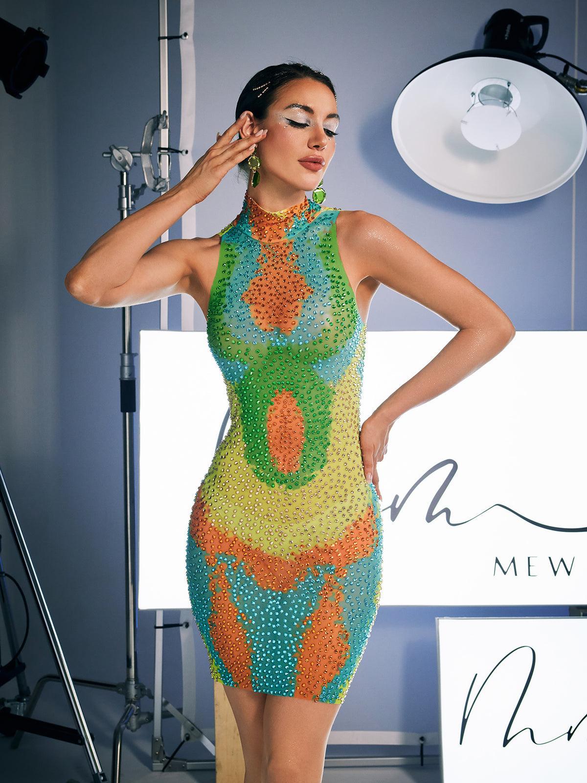 The Allure of the Aimee Print Crystal Embellished Mini Dress