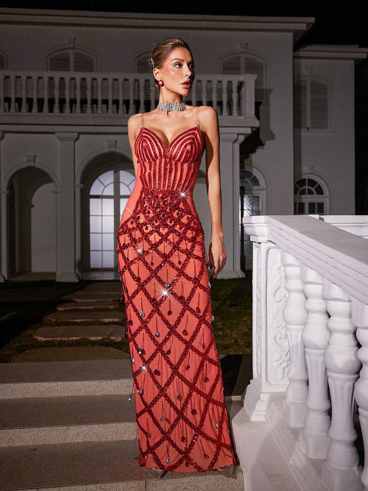 Unveil the Elegance: Angelo Sequin Embellished Mesh Maxi Dress