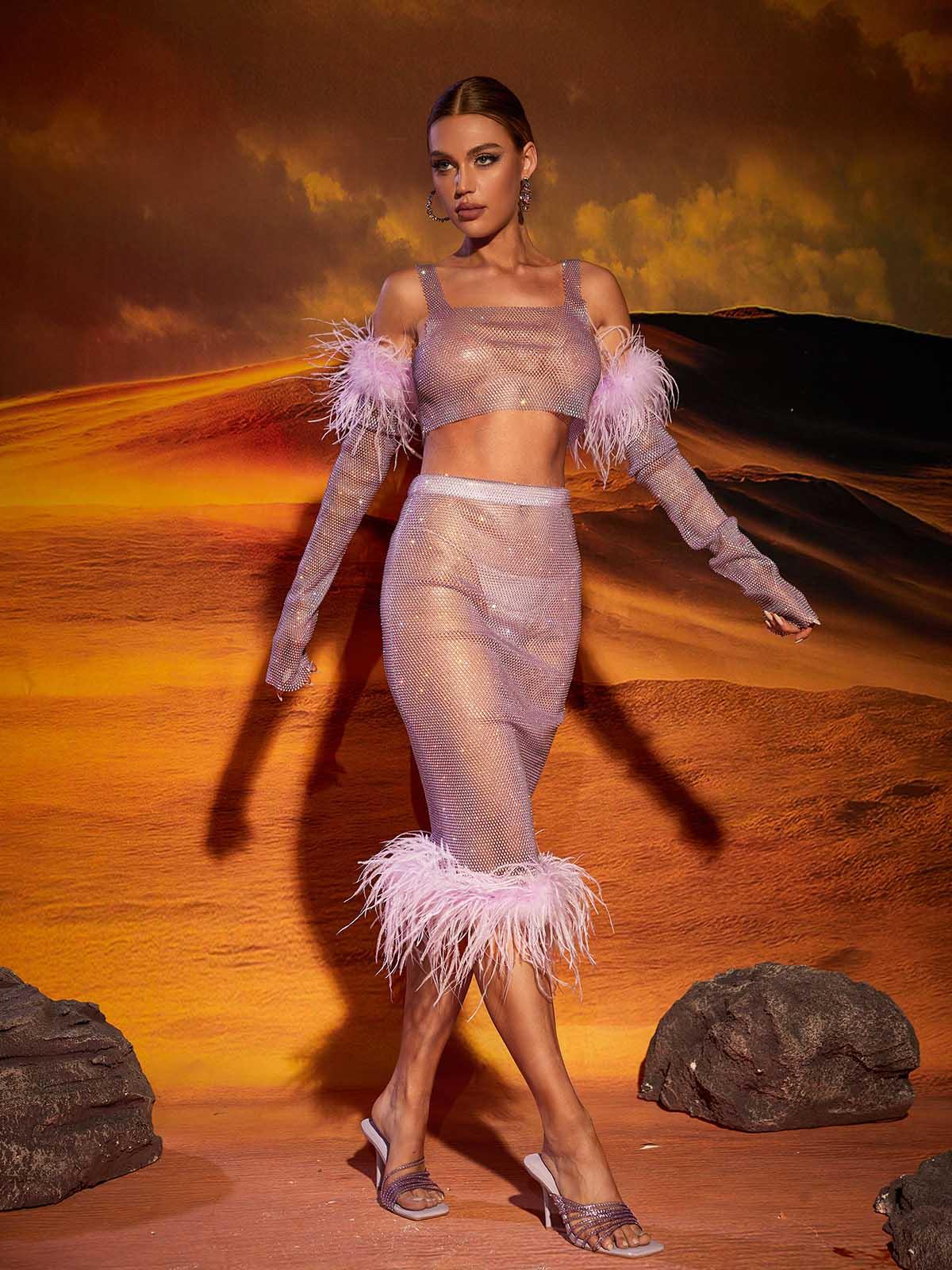 Avery Mesh Diamond Feather Trimmed Skirt Set: Elevate Your Style