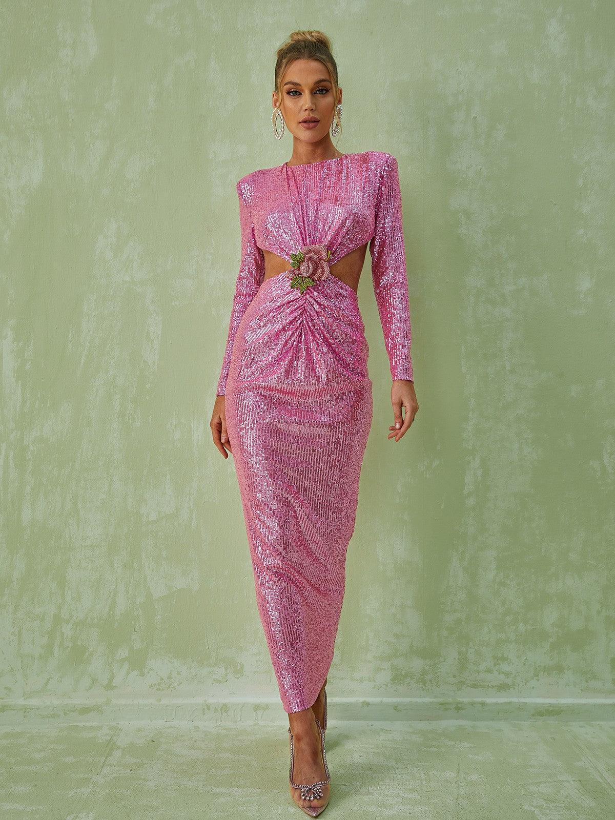 Shine Bright: The Aviva Long Sleeve Cutout Sequin Maxi Dress In Pink