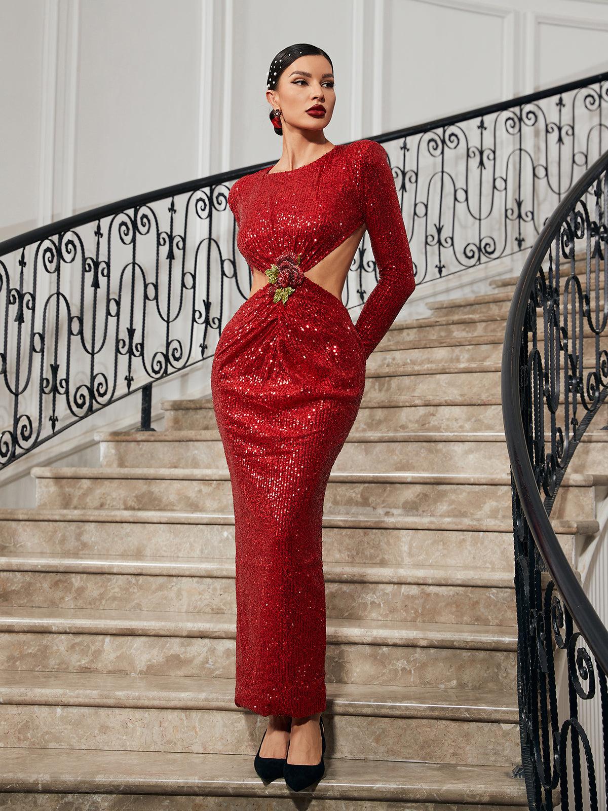 Shine Bright in the Aviva Long Sleeve Cutout Sequin Maxi Dress In Red