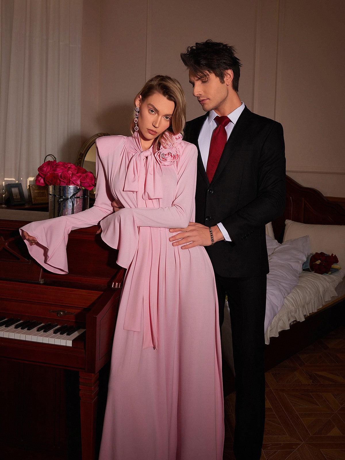 Embrace Elegance with the Benton Long Sleeve Flower Maxi Dress In Pink