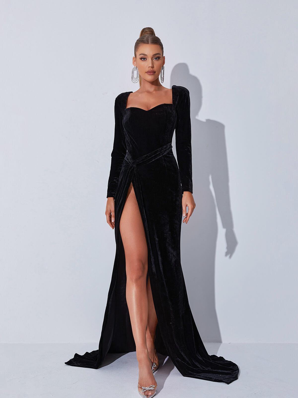 Bernice Long Sleeve Gloves Velvet Maxi Dress In Black: The Ultimate Elegance in Women's Fashion