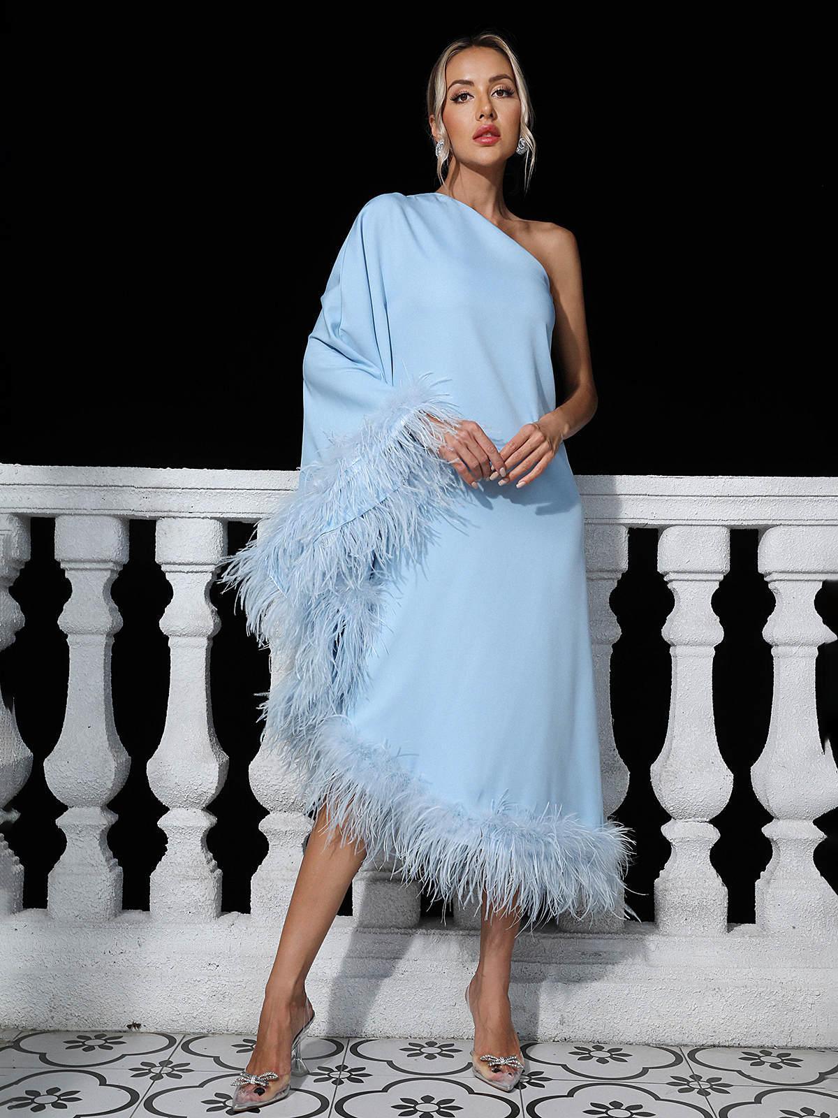 Ceridwen One Shoulder Feather Trimmed Midi Dress In Blue: A Fashion Statement