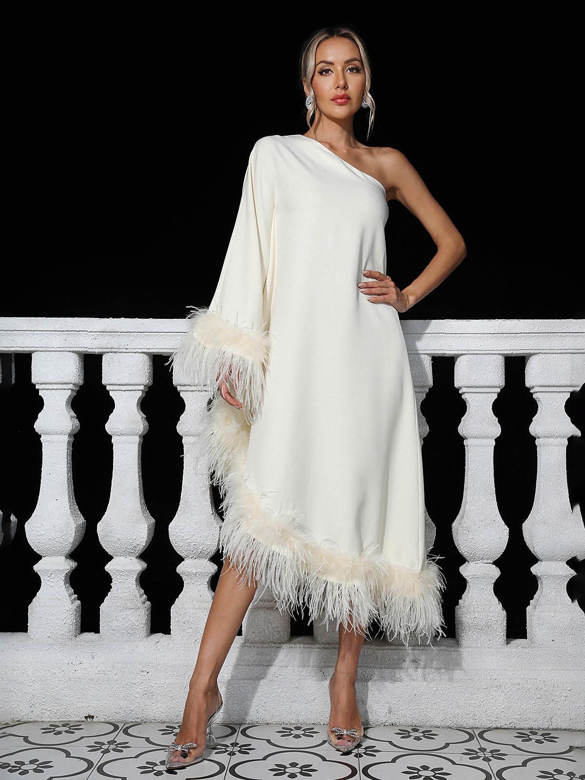 Discover Elegance: The Ceridwen One Shoulder Feather Trimmed Midi Dress In White