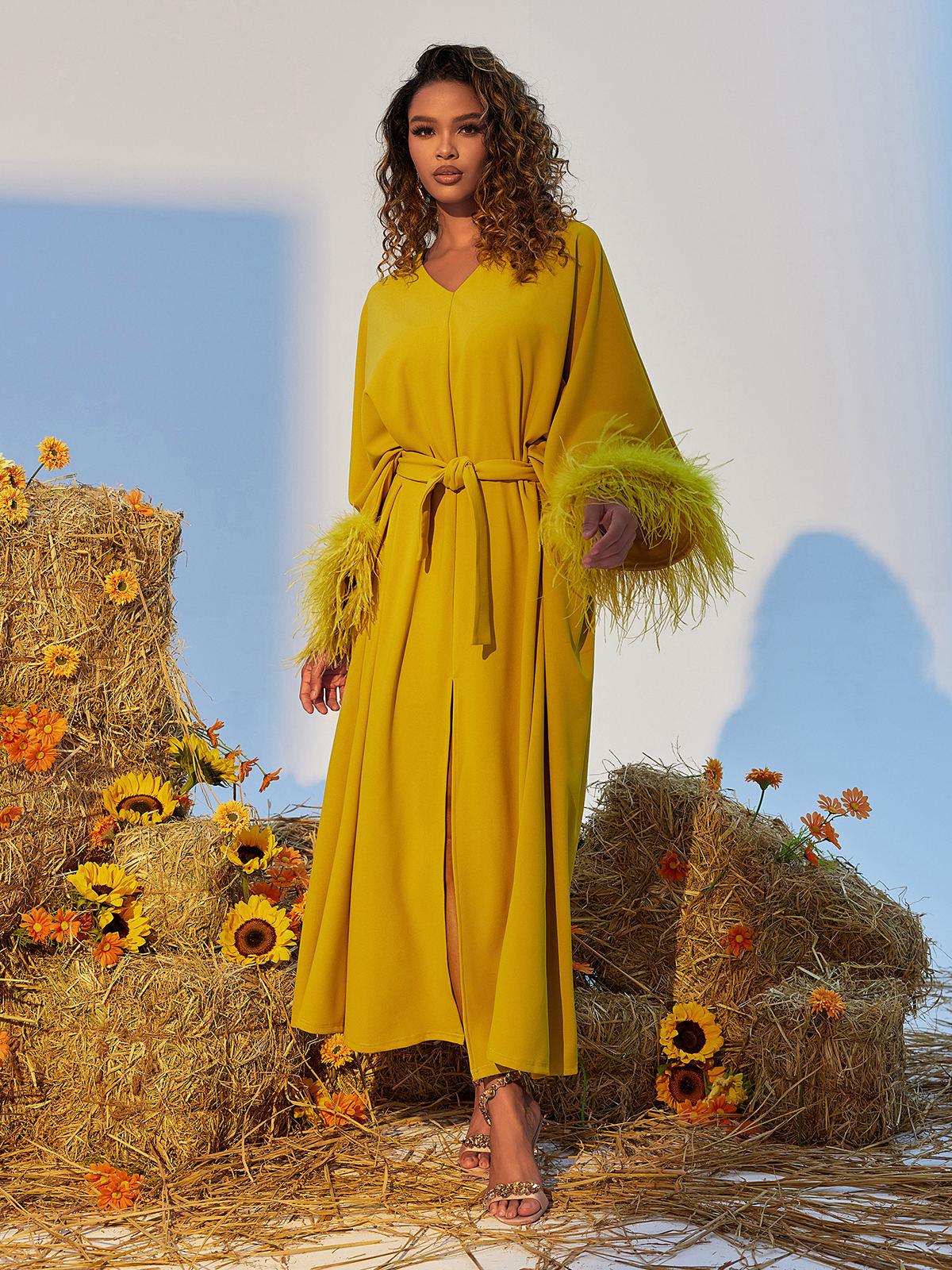 Ceridwen V Neck Feather Trimmed Split Maxi Dress: Elegance Redefined