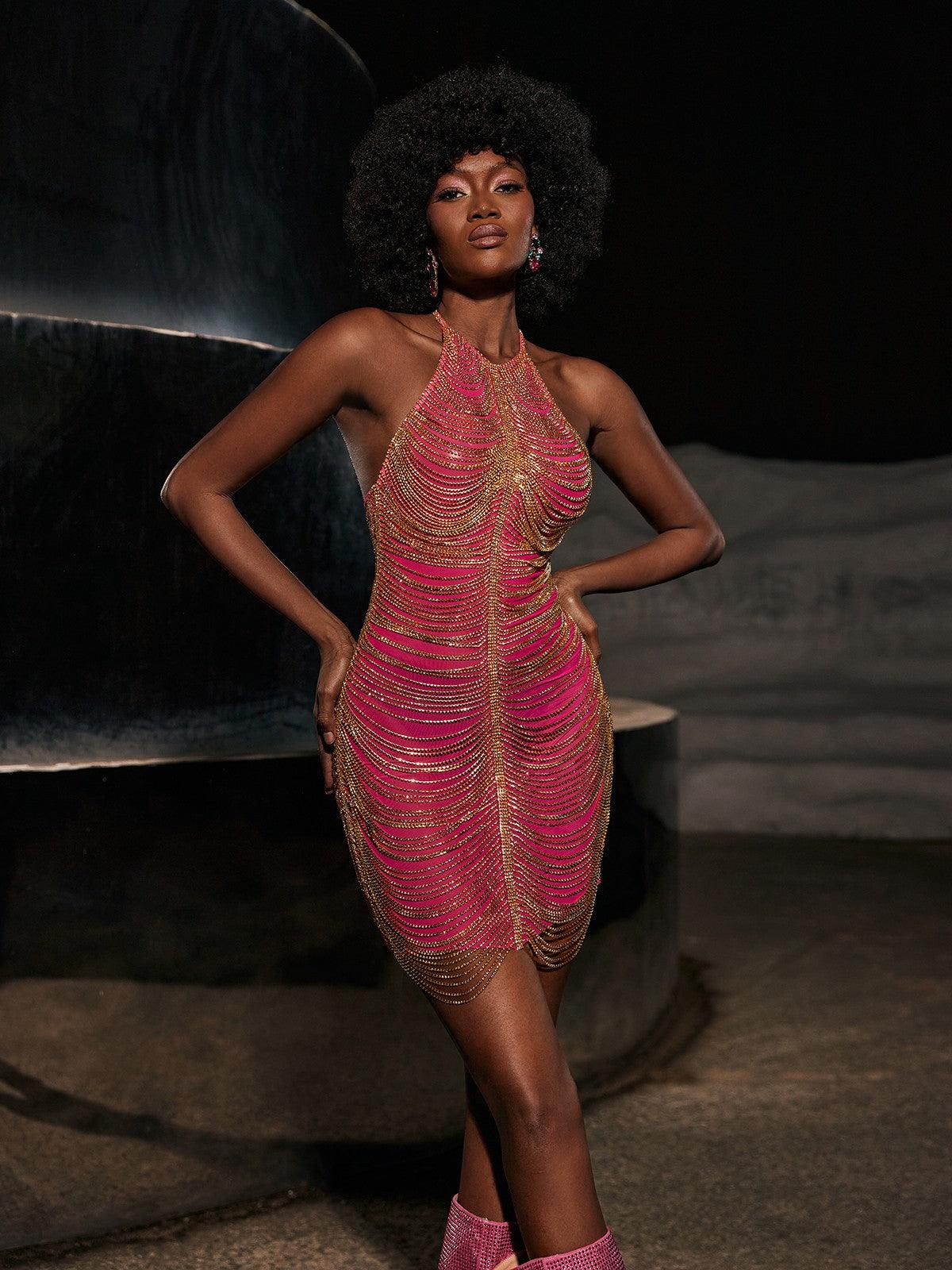 The Ultimate Fashion Statement: Cinzia Halterneck Diamond Chain Mesh Mini Dress in Hot Pink