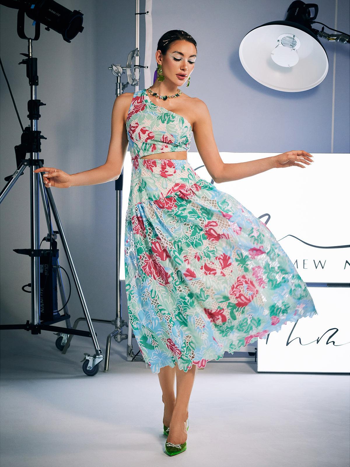 Discover: Habib One Shoulder Print Embroidered Dress