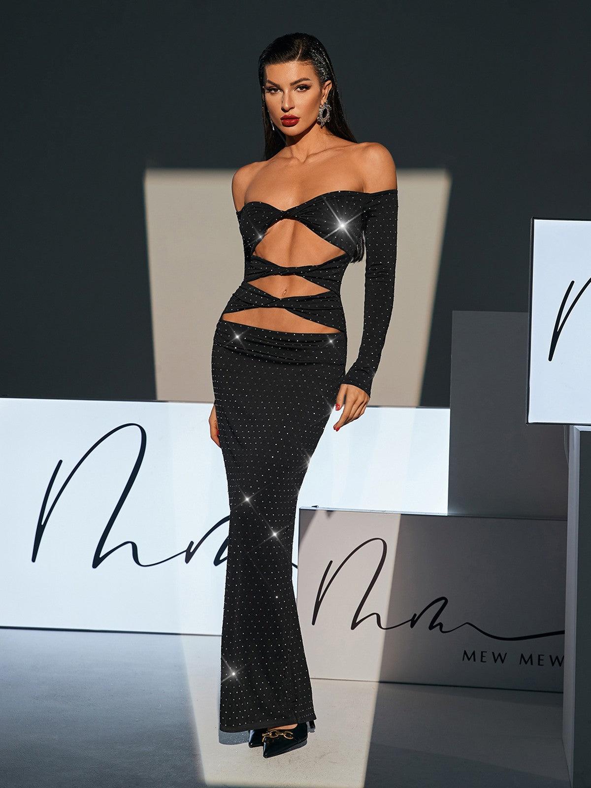 Discover: Hedwig Off Shoulder Rhinestone Cutout Maxi Dress