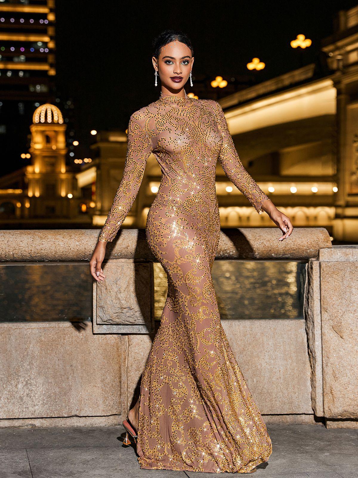 Discover: Horton Floral Rhinestone Mesh Maxi Dress