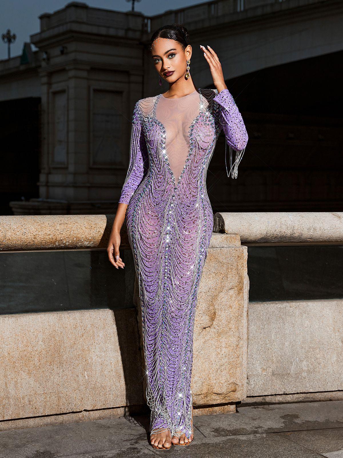 Discover: Kaede Crystal Chain Fringe Mesh Maxi Dress In Purple