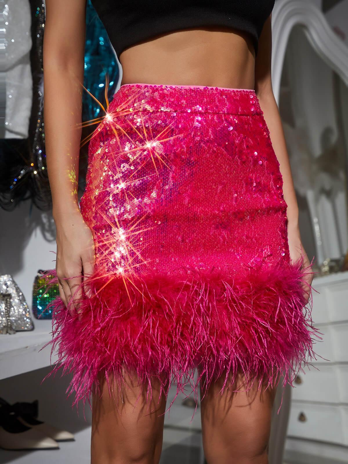Discover: Kiara Sequin Feather Skirt In Hot Pink - Sequin Feather Skirt