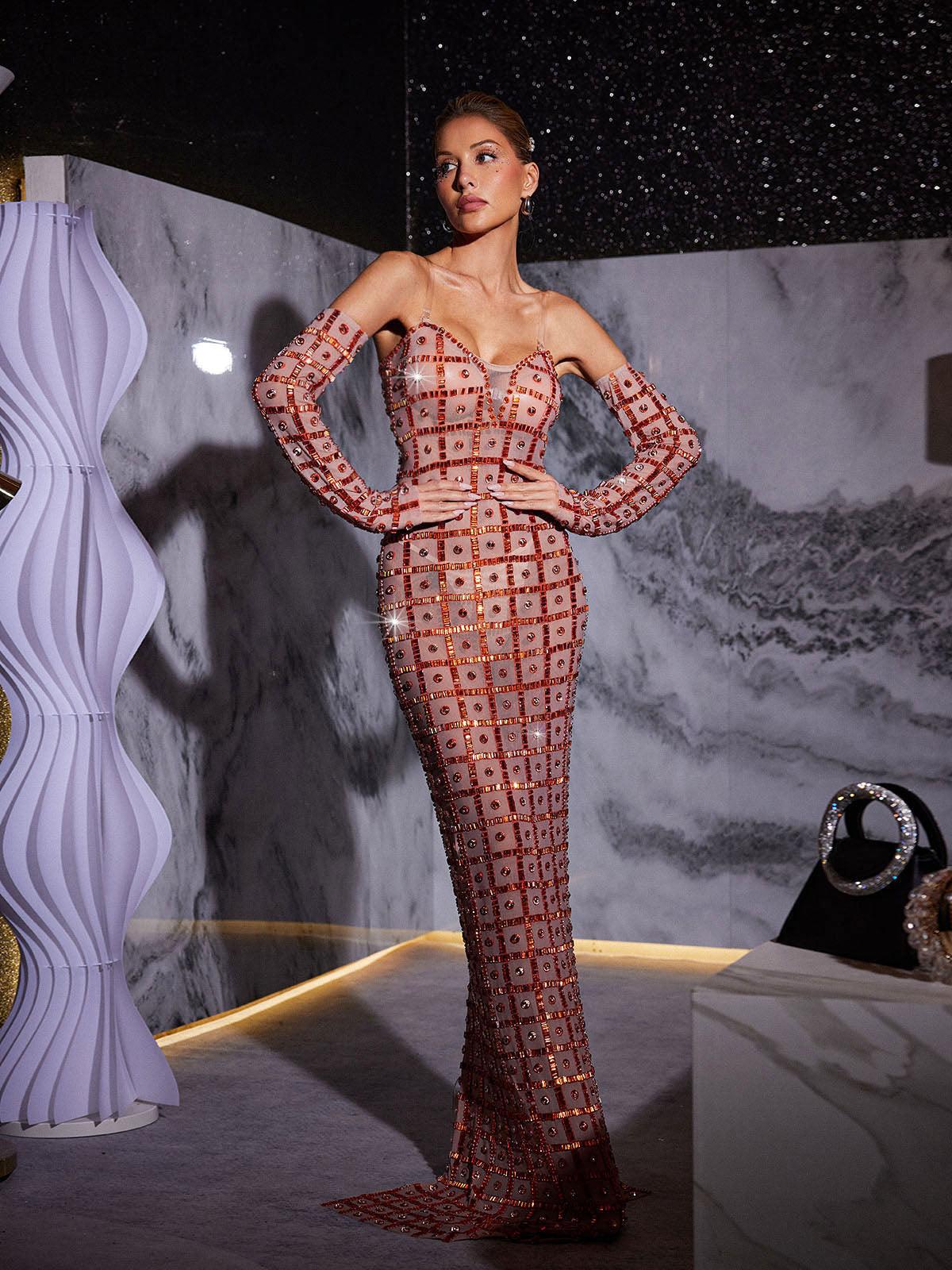 Discover: Kieran Rhinestone Mesh Maxi Dress