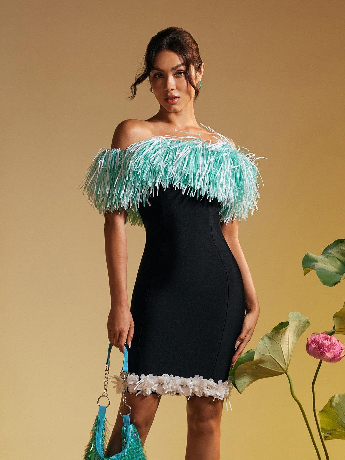 Discover: Koda Strapless Fringe Flower Bandage Mini Dress