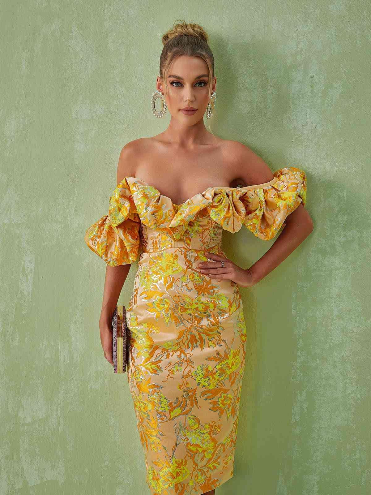 Discover: Kore Off Shoulder Jacquard Midi Dress