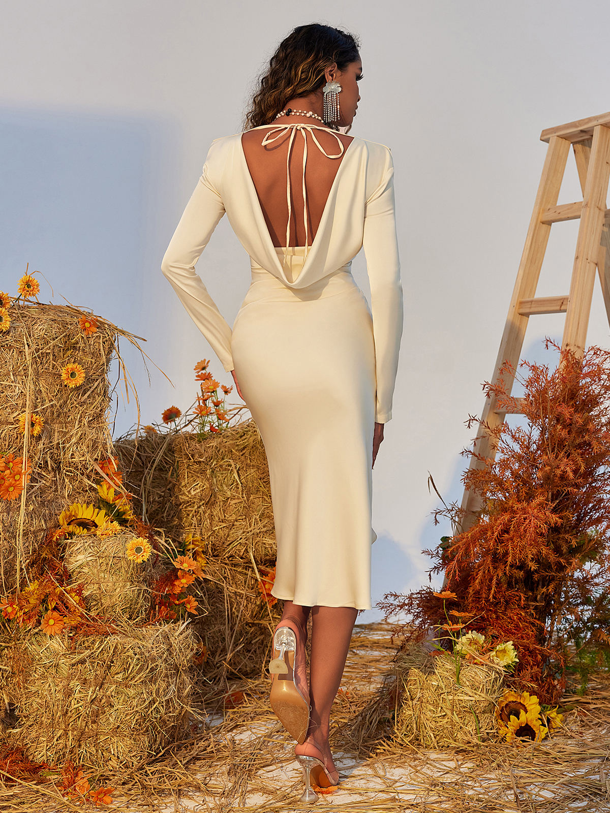 Discover: Lalia Backless Long Sleeve Satin Dress - Satin Evening Dress