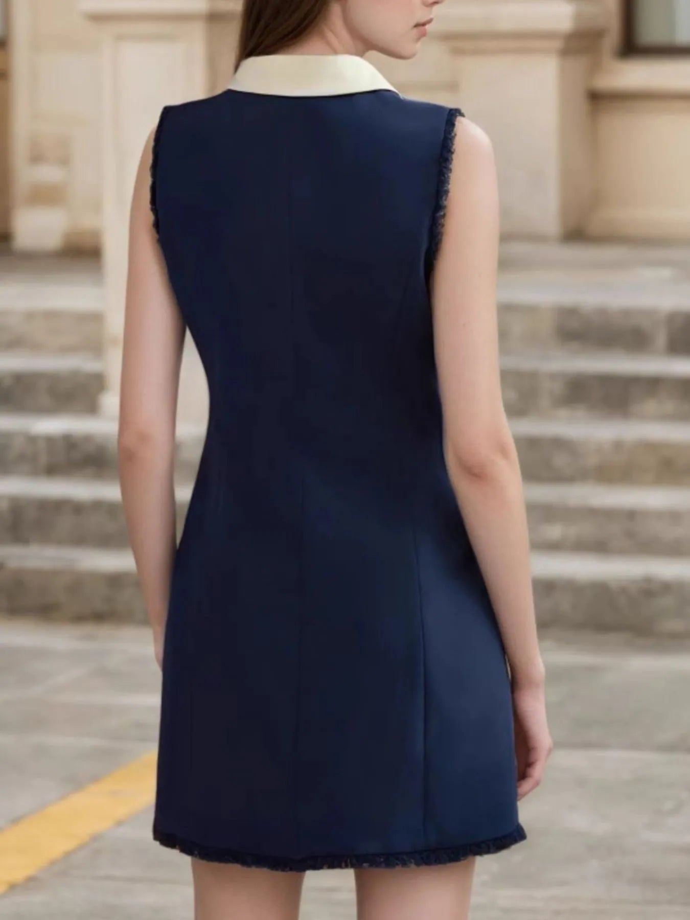Contrast Collar Button-Front Sleeveless Mini Dress