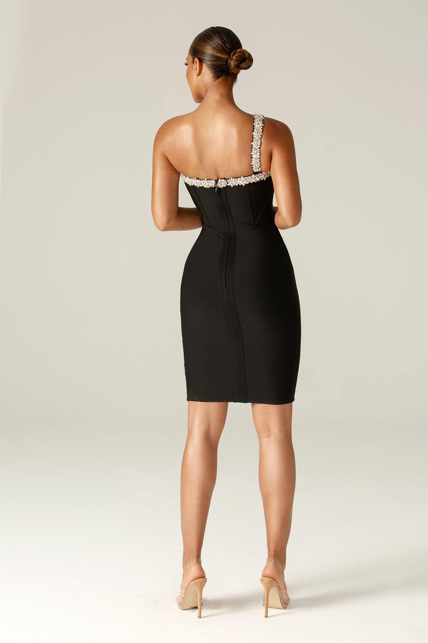 CHARMING ONE SHOULDER CRYSTAL BANDAGE DRESS