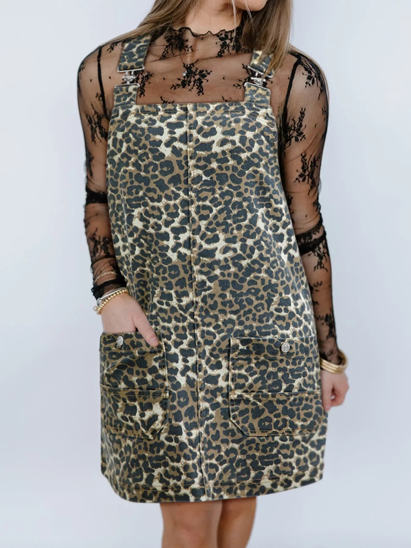 Leopard Print Denim Overall Dress