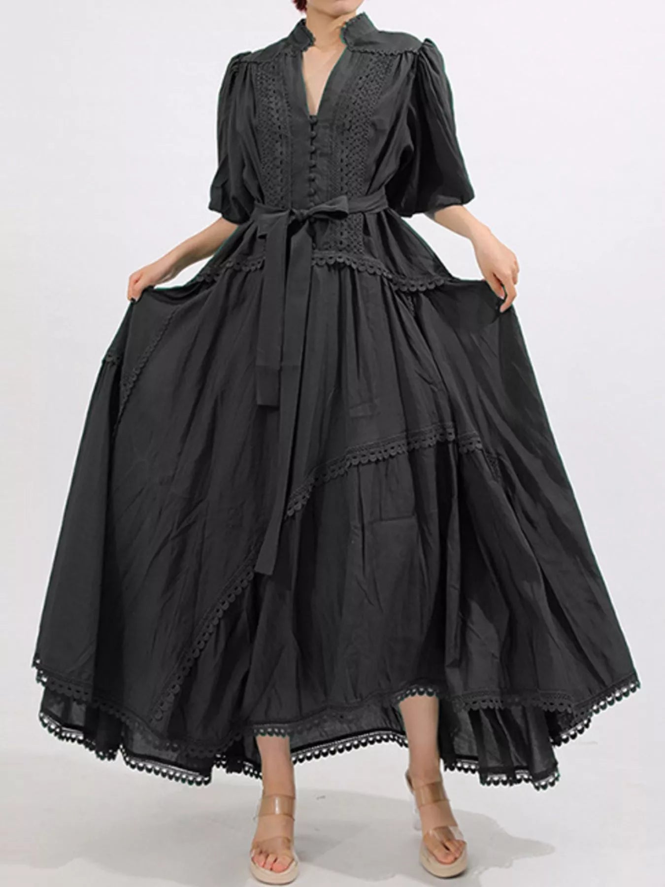 Lace Detail Notched Puff Sleeve Maxi Dress