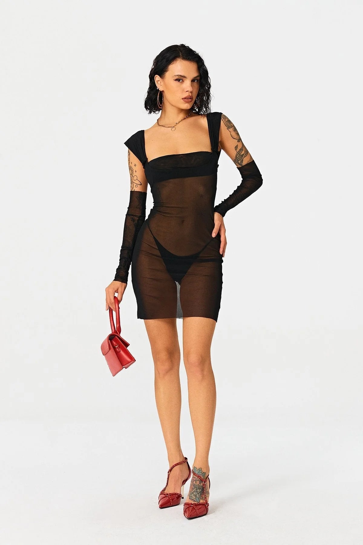 Wrapped Chest Long -sleeved Mesh High Waist Bag Hip Mid Skirt
