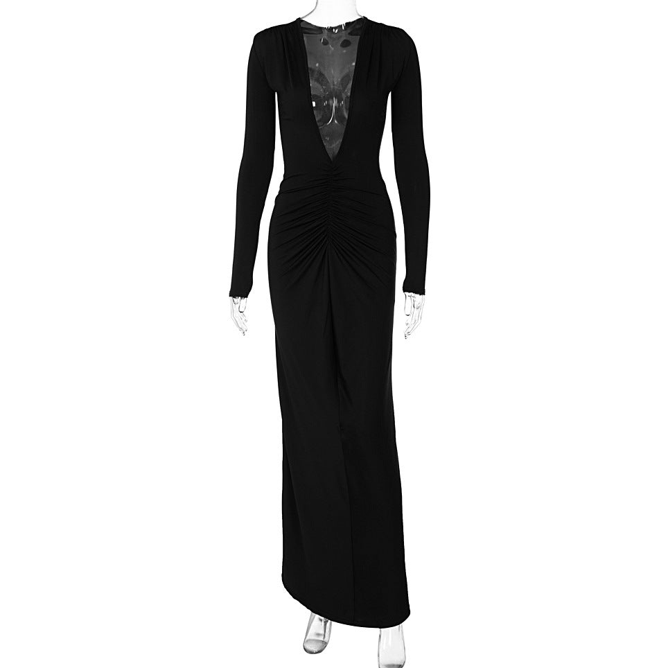 V-neck Slim Fit Pleated Long Sleeve Dress