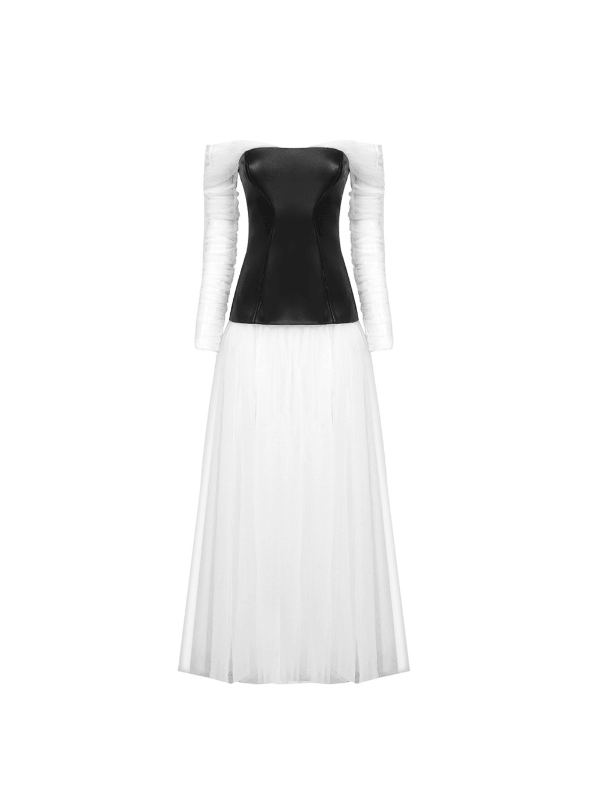 Gasira Tulle Maxi Dress in white featuring airy layers, off-shoulder design, and elegant back zipper for special occasions.