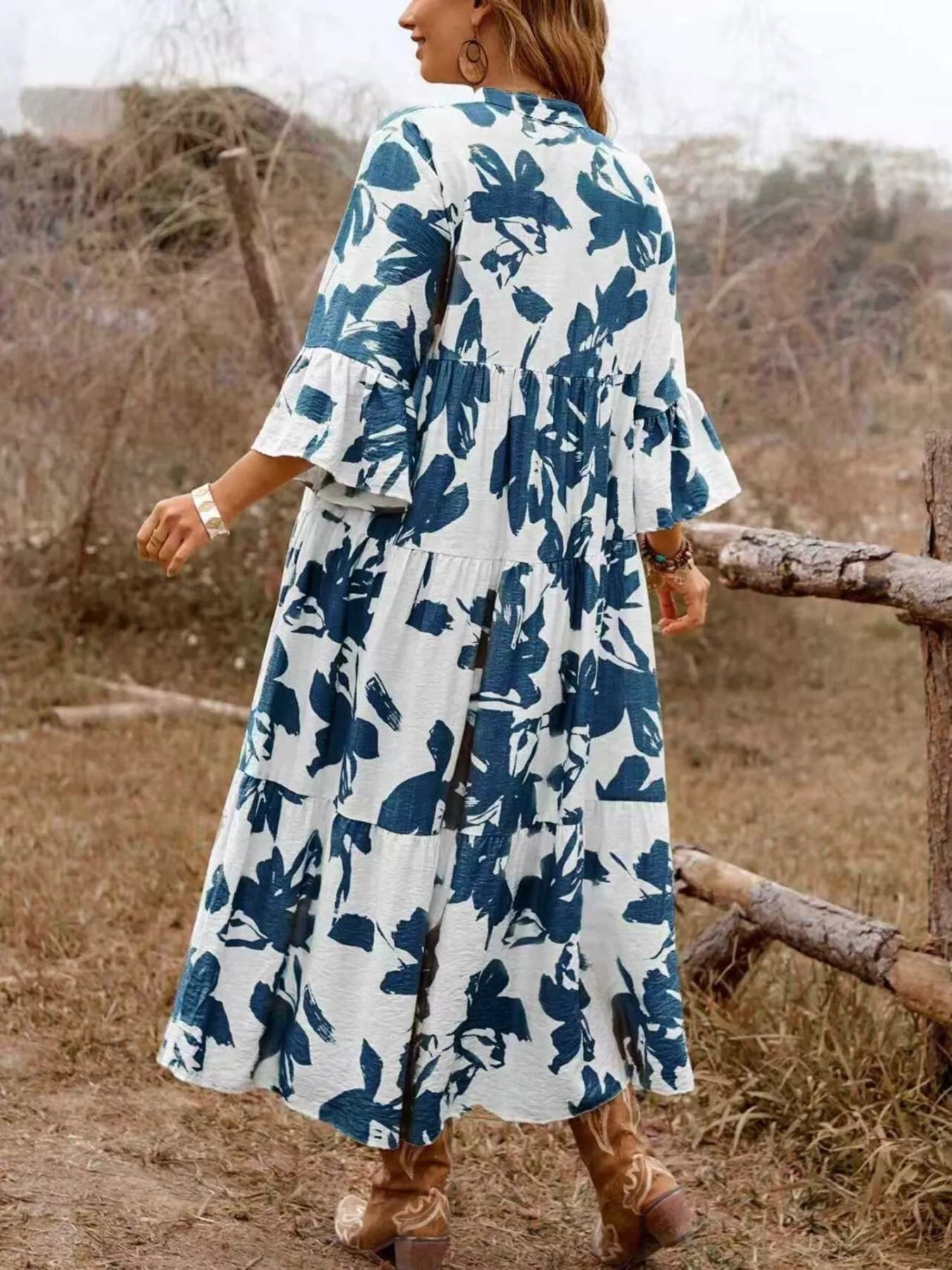 Floral Print Button Front Tiered Dress