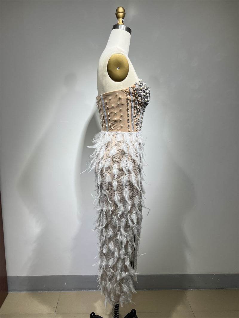 Elegant Rhinestone Beaded Fur Dresses
