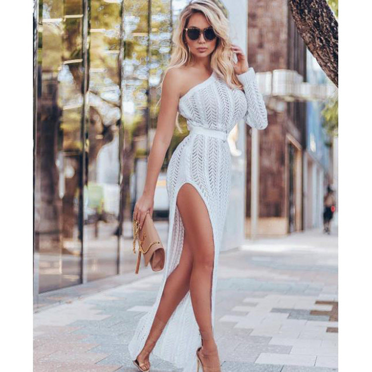 Openwork One-Shoulder Belted Split Dress-White