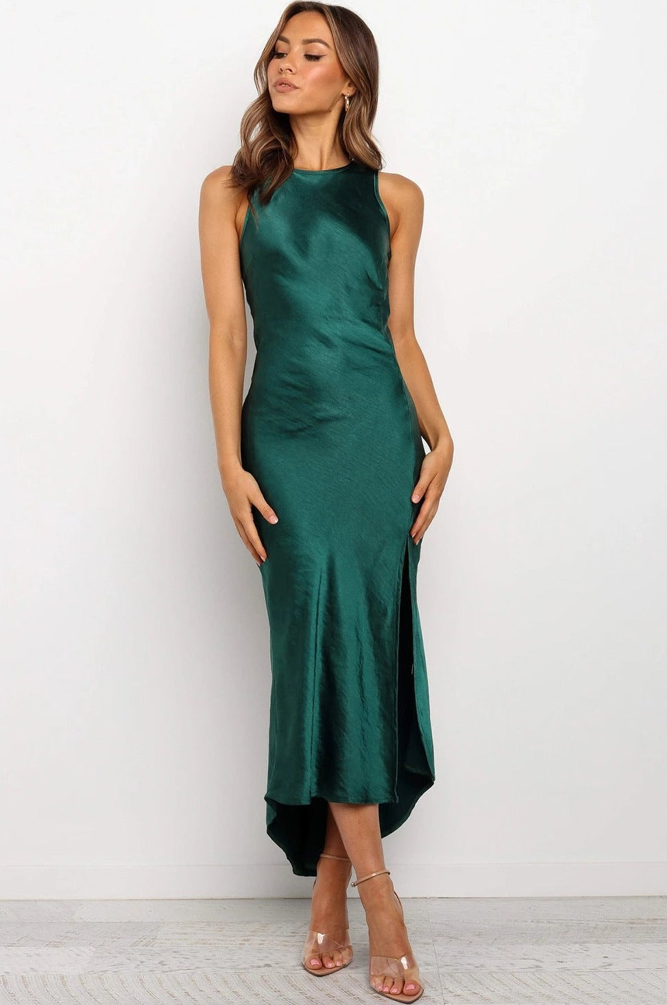 Emerald Satin Midi Dress