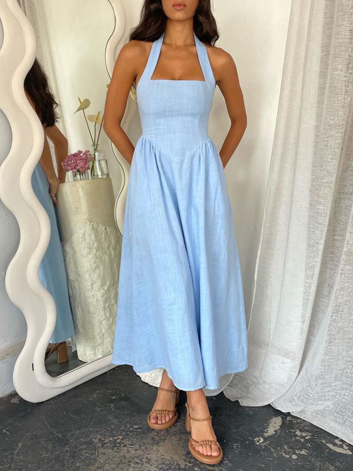 Alera Devine Ruched Halter Neck Midi Dress