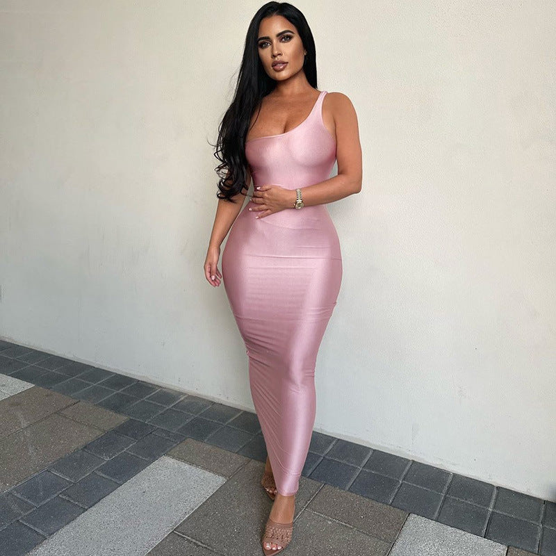 One Shoulder Sleeveless Long Dress Slim Fit-Pink