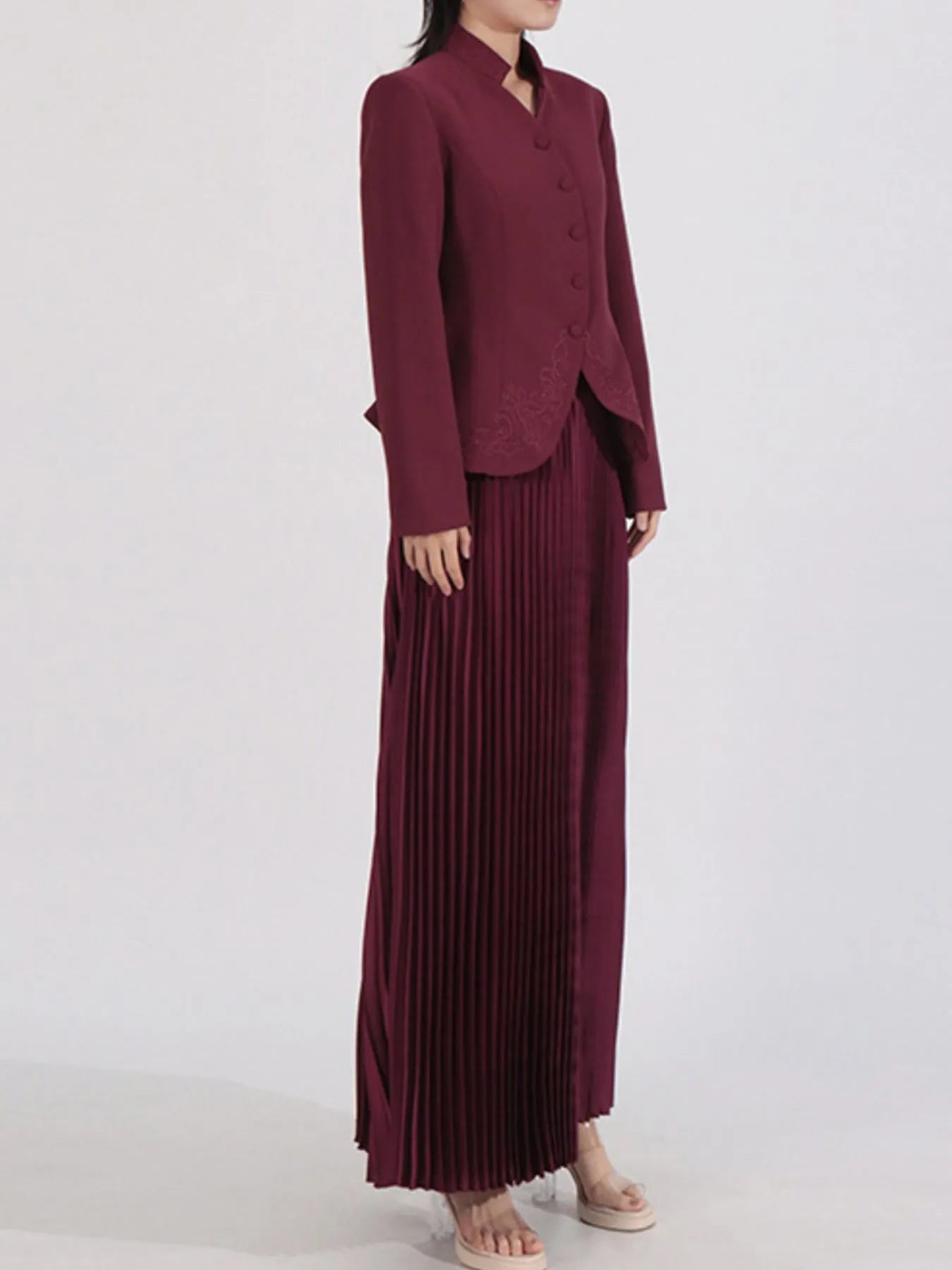 Button Up Long Sleeve Top and Pleated Skirt Set