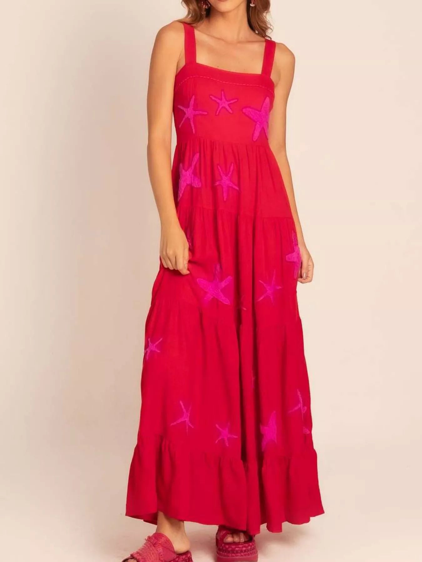 Embroidered Square Neck Tiered Maxi Cami Dress