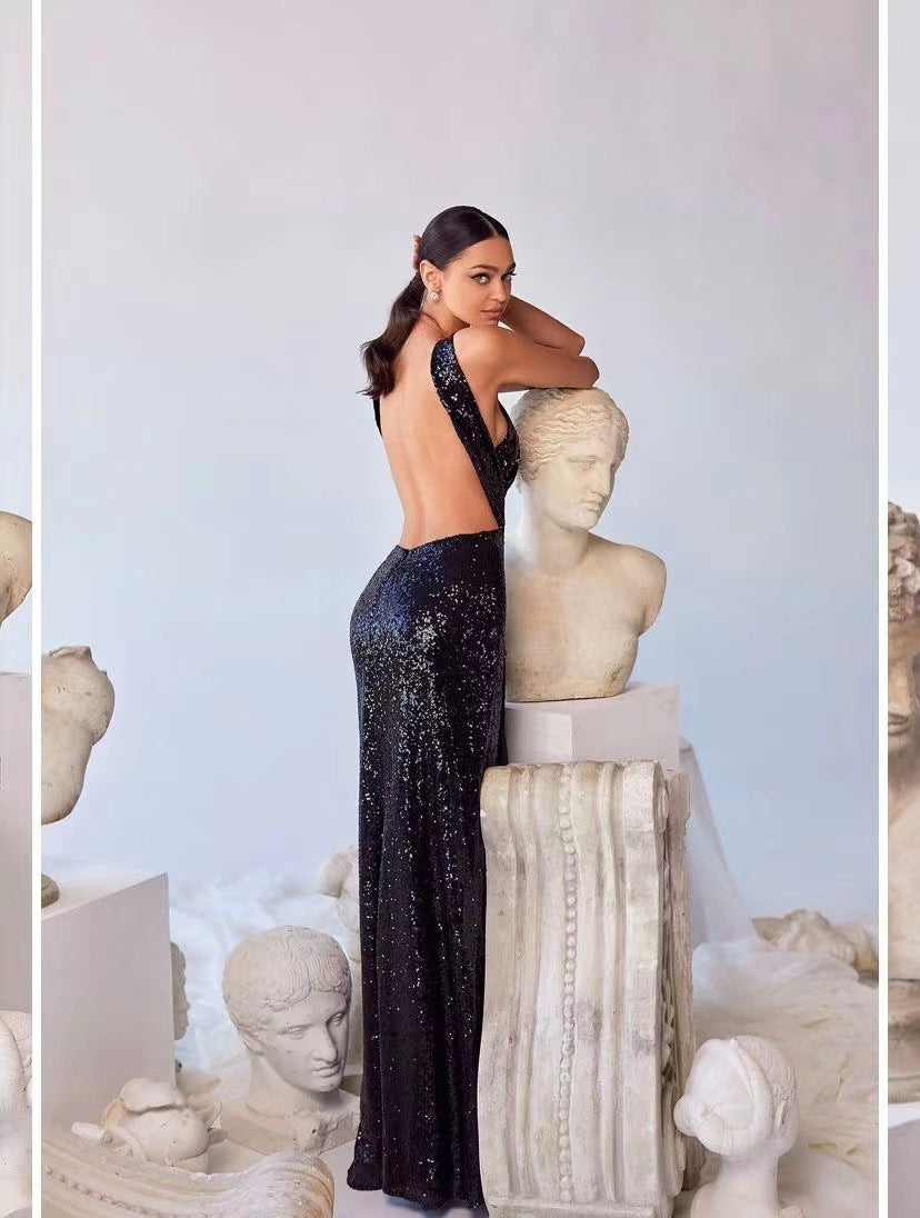 Sequins Irregular Backless Prom Dress-Black