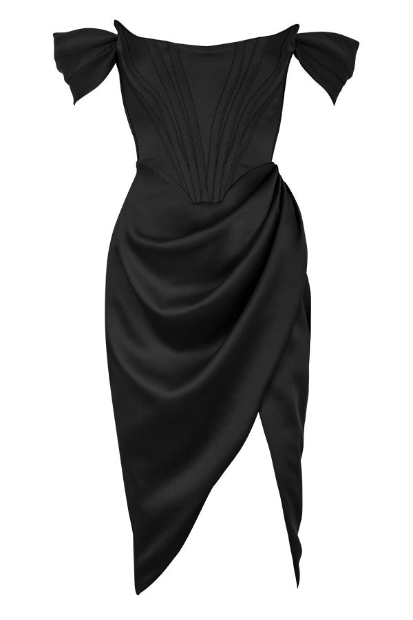 LEMIYA IVORY SATIN OFF SHOULDER DRESS-BLACK