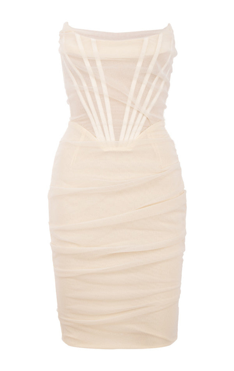 CHIC RUCHED STRAPLESS ELEGANT CORSET MESH PARTY DRESS