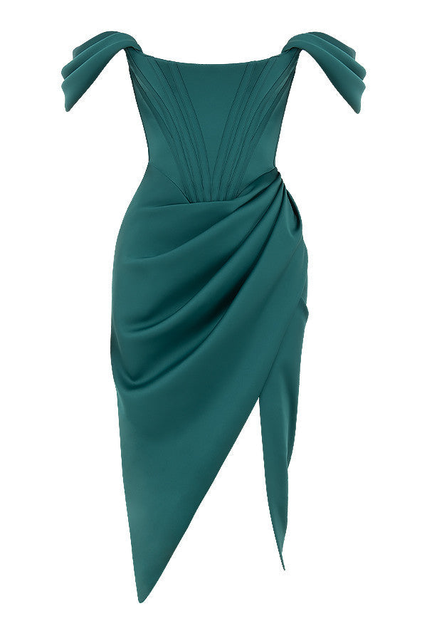 LEMIYA IVORY SATIN OFF SHOULDER DRESS-GREEN