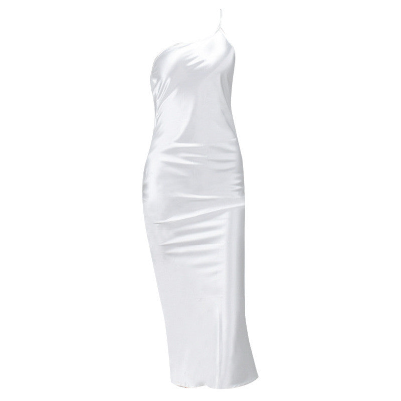 Satin One-shoulder Halter Dress