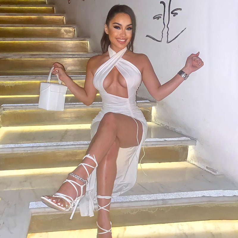 Navel Cutout Pleated Slit Long Dress