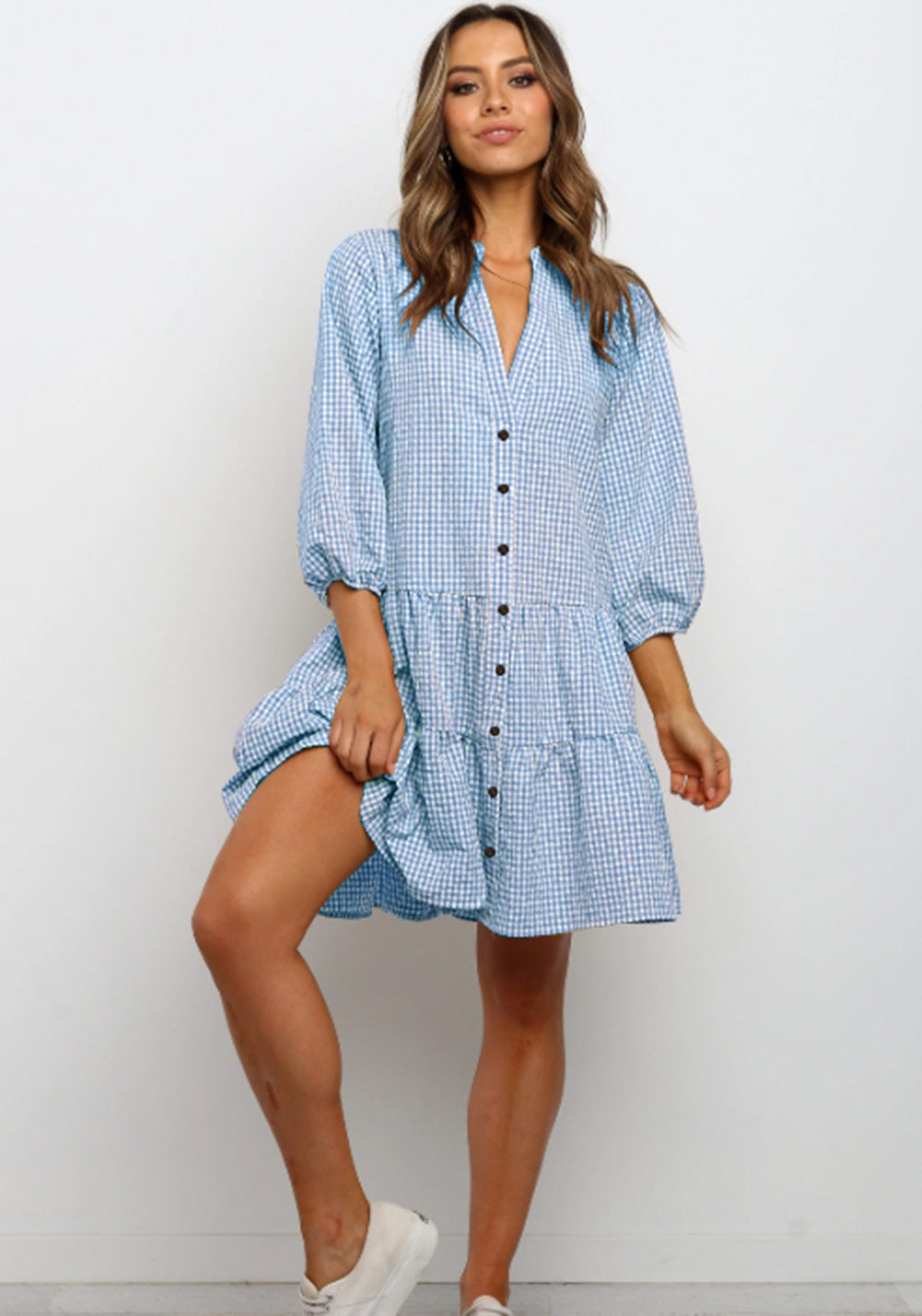 Ruffle V Neck Three-quarter Sleeves Dresses