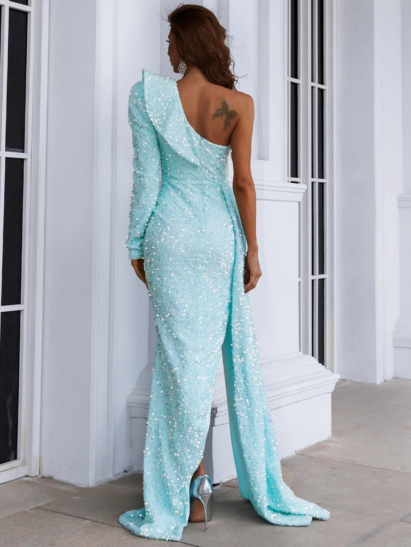 Draping One Shoulder Sequin Prom Dress