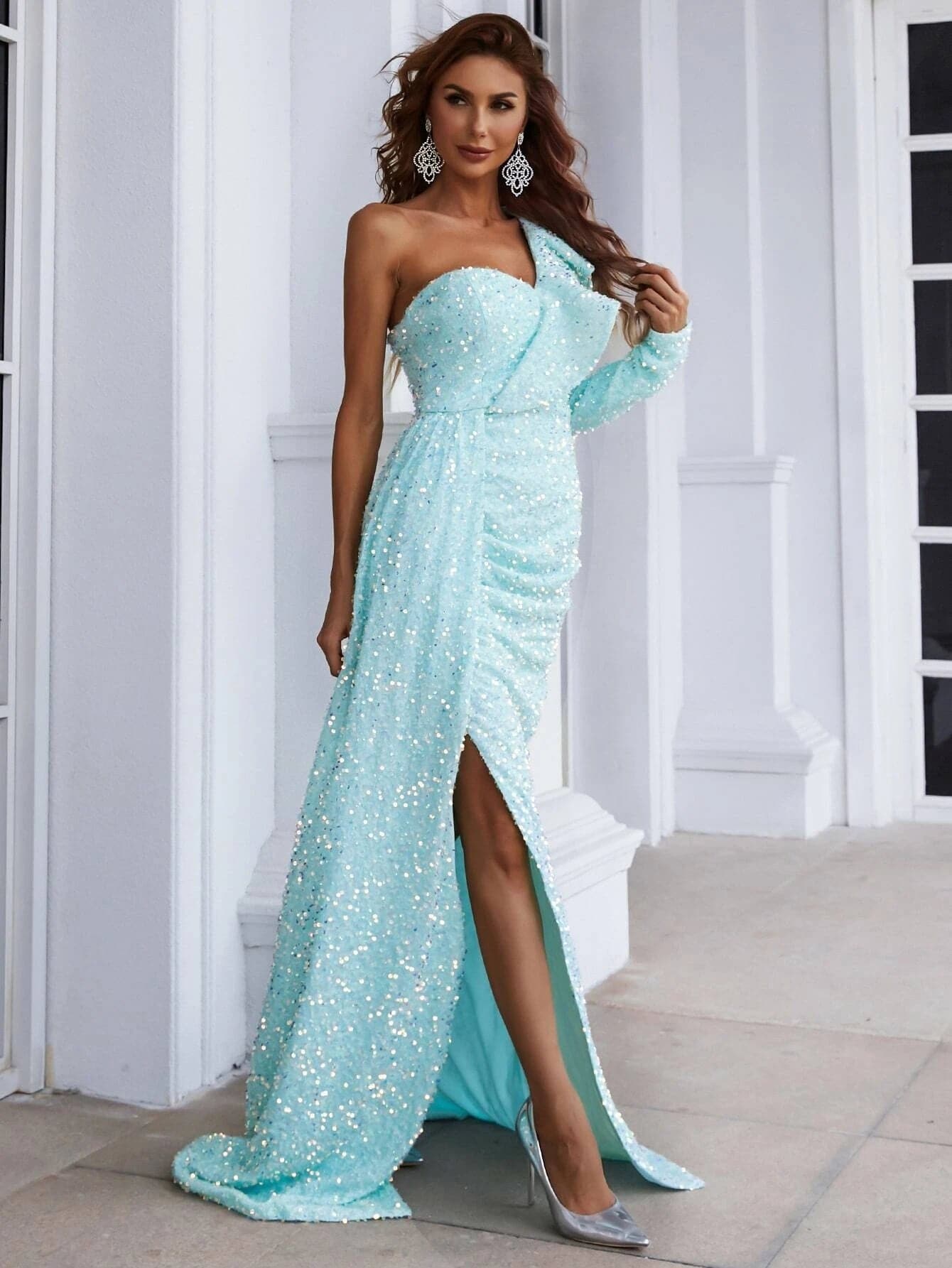 Draping One Shoulder Sequin Prom Dress