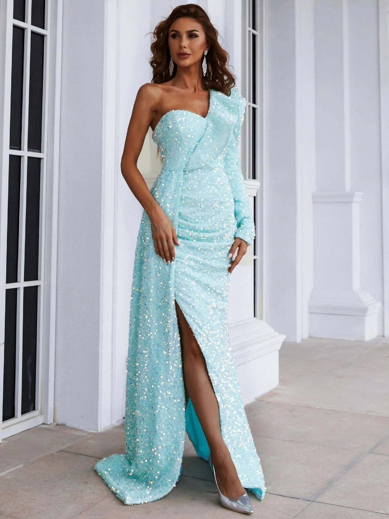Draping One Shoulder Sequin Prom Dress-Sky